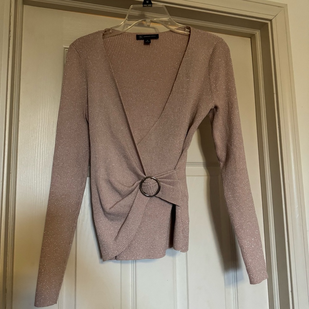 INC International Concepts Rose-Gold Sparkle Wrap V-Neck Sweater
